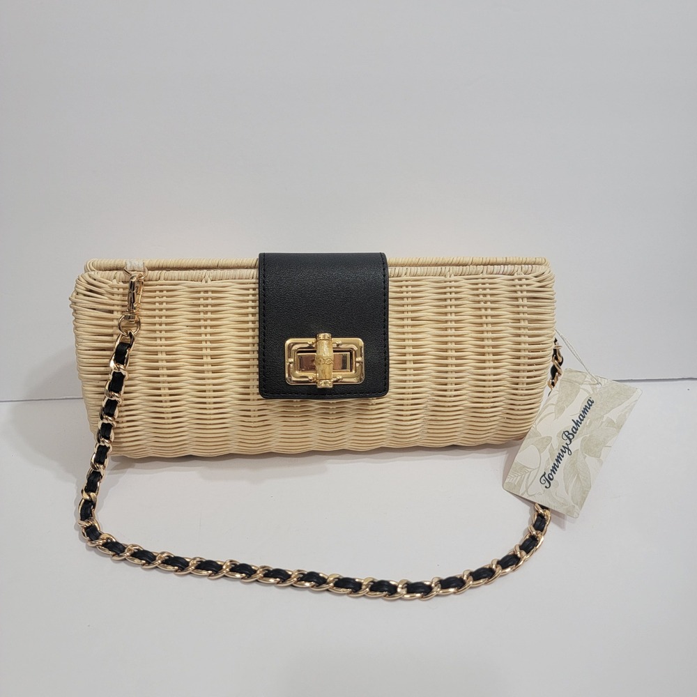 Tommy Bahama Wicker Clutch/ Shoulder Bag Straw Gold Black Beachy Coastal Resort